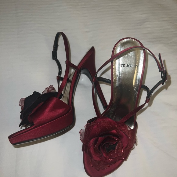 St. John Red Satin Heels with Floral Accent - Picture 10 of 11